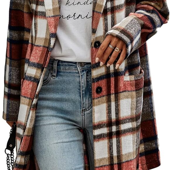Women Plaid Shacket Jacket Trendy Fall Casual Button Wool Blend Tartan Trench Co - Picture 1 of 8